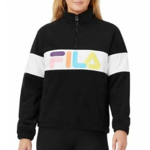 FILA Women's Black Color Block Quarter Zip Fleece Pullover Sweatshirt Sz Medium - Picture 2 of 15